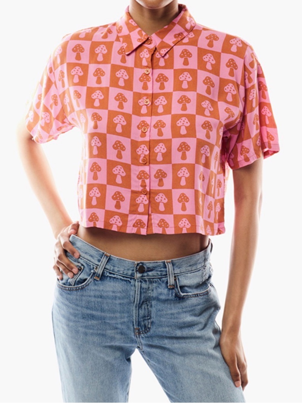 Forever 21 Pink and Orange Mushroom Check Cropped Button-Up Shirt